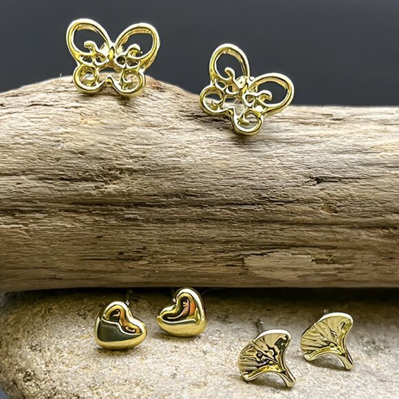 Boutique Jewelry - Gold Stud Earrings Set of 3 | Butterfly Heart Ginkgo